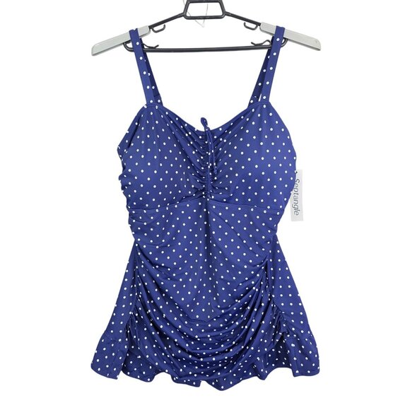 Women Septangle Ruching Navy Blue Polka Dot Swim Dress Nylon Stretch Size 24W - Picture 1 of 11